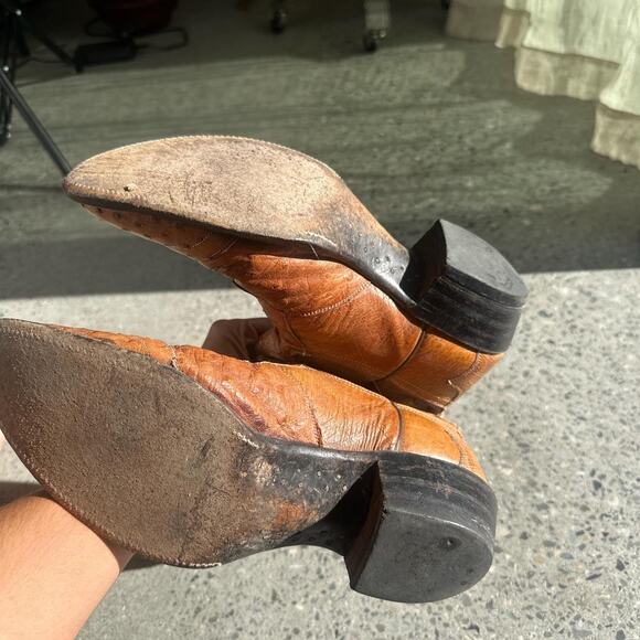 Justin Boots Men’s 9 Boots Orange & Brown Ostrich Leather Western Cowboy - Picture 3 of 4